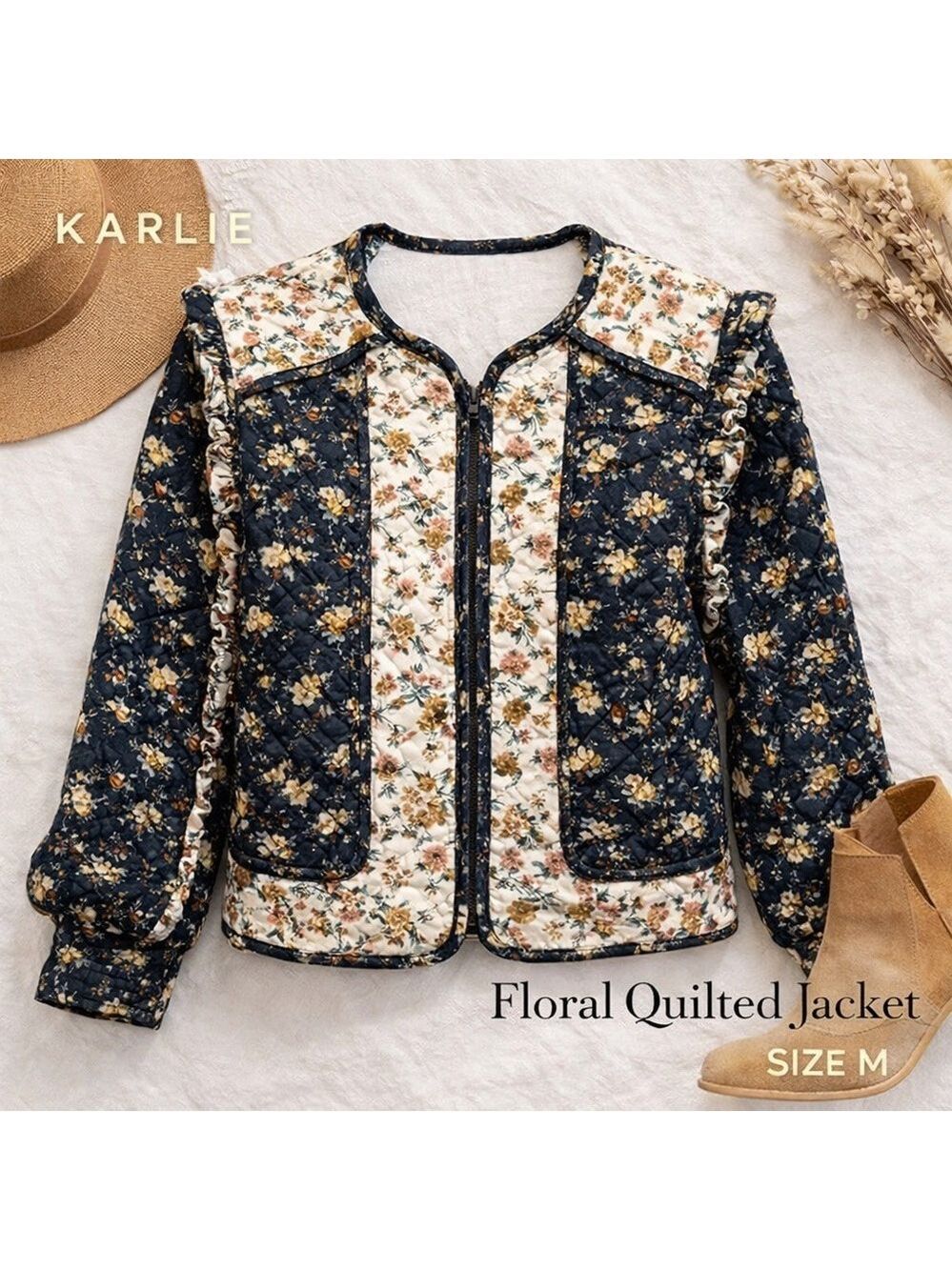 Karlie Quilted Jacket Corduroy Floral Boho Cottagecore Jacket Size M - Picture 2 of 10